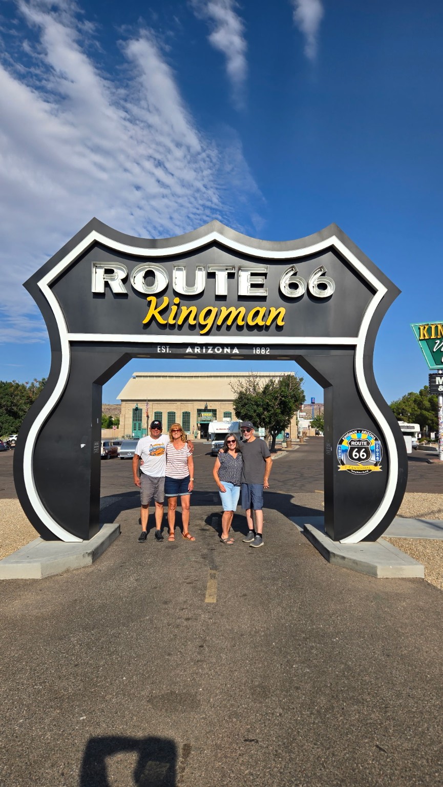 The whole crew at the Kingman Route 66 arch